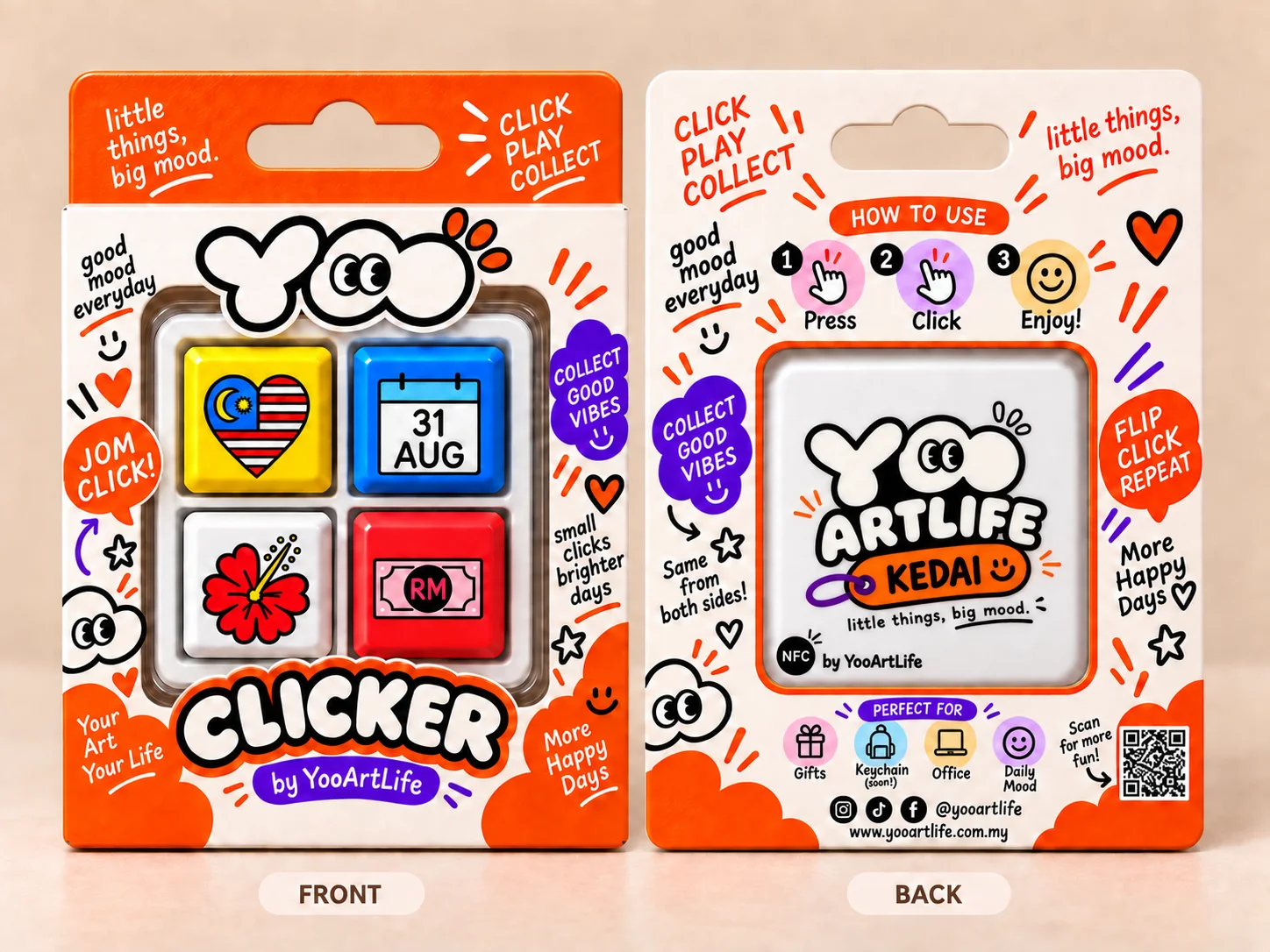 The Keycap Clicker gift box, front and back