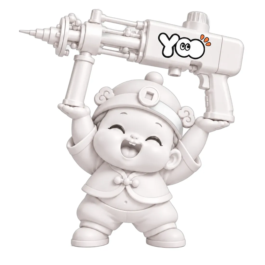 A white 3D-printed figure: a little Fortune God lifting a tufting gun with the Yoo logo