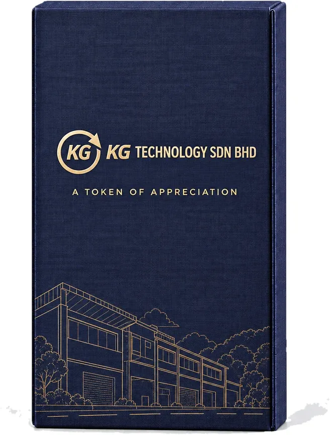 Closed navy gift box with gold-foil branding