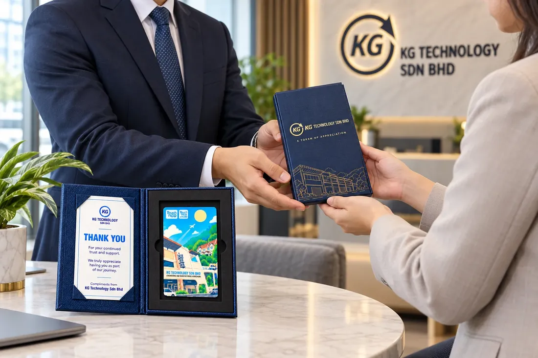A manager handing the navy gift box to a client, with an opened box showing the thank-you card and TNG card