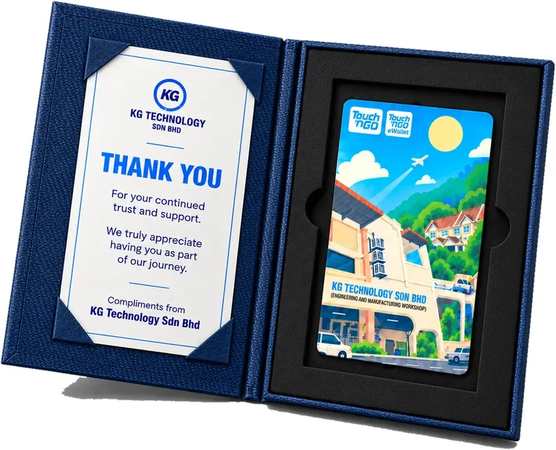 An open gift box with an illustrated Touch 'n Go card and a thank-you card